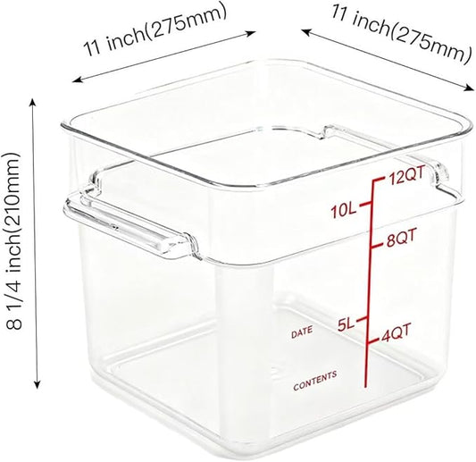 TSUBOR 4 Pack Food Storage Containers with Red Lids, 12.0 Qt - Square, Clear, Polycarbonate, for Restaurant Commercial Kitchen and Home party