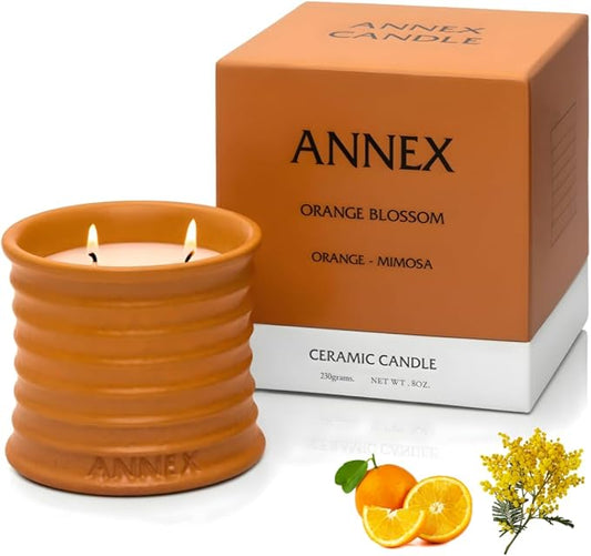 Scented Luxury Candles in Handmade Ceramic Jars, Soy Wax | Orange Blossom – Orange & Mimosa, Large Candle | Non Toxic, 2 Wicks, Reusable Big Orange Jar | Natural Spring Aromatherapy for Women & Men