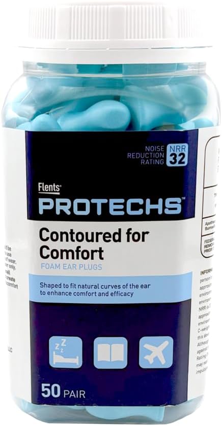 Flents Protechs Contoured for Comfort Foam Ear Plugs, Soft & Comfortable Hearing Protection for Work, Construction, Heavy Machinery, Studying, Travel & Sleep, NRR 32, Easy to Use, Blue, 50 Pairs