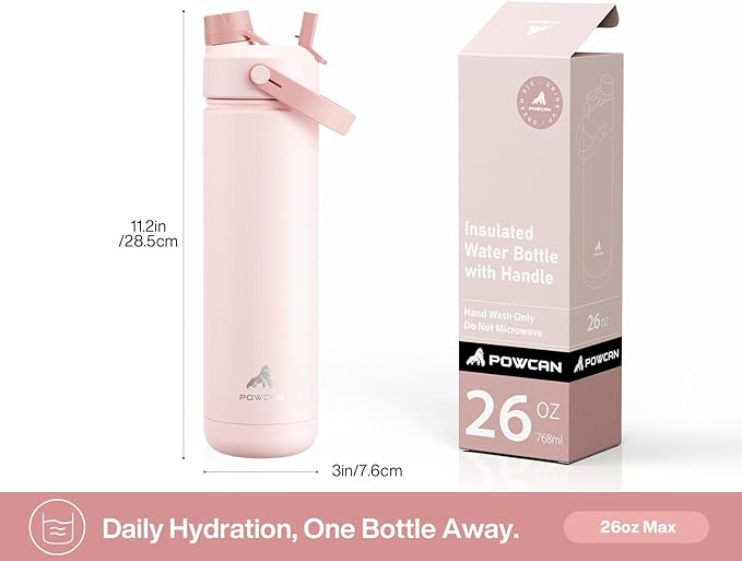 POWCAN 26 oz Insulated Water Bottle with 2-in-1 Straw and Spout Lid, Keep Cold 24H, Leak-Proof, Fits in Car Cup Holder, Stainless Steel Water Bottle for Sports, Travel, Gym, and School (Shroom Parade)