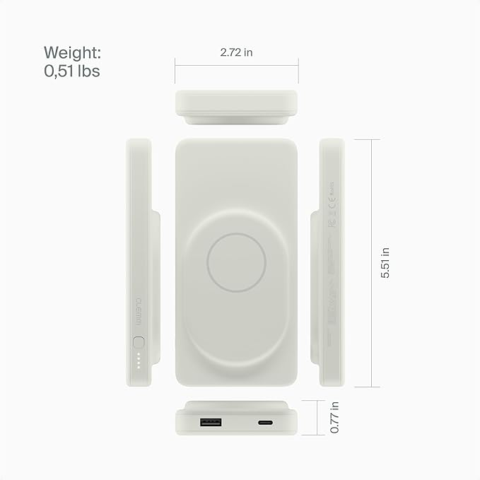 Clemm Portable 10000 mAh Wireless Power Bank, Travel Essential, Quick Charging for iPhone 16/15/14/13/12/11/X, Samsung Galaxy, iPad, Google Pixel & More - USB-C × 1 & USB-A × 1, Ivory