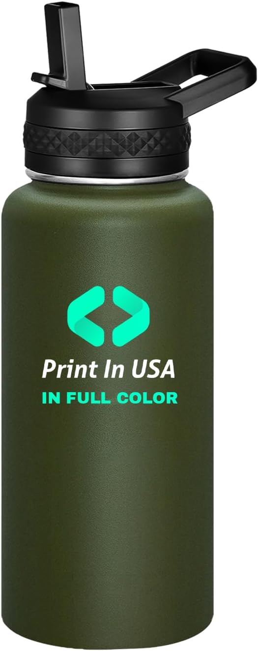 Personalized Custom Print in USA Water Bottle 32oz Stainless Steel Double Wall Coffee Cup with Lid & Straw Insulated Tumbler with Colorful Text Logo Photo