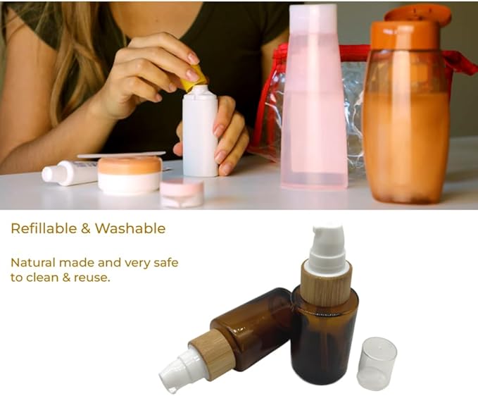 Empty Cosmetic Glass Lotion Bottles 1 oz/30ml 4 PACK with Pump Refillable Dispenser for Emulsion,Moisturizer Cream Liquids,Essential Oil Skin Care Travel Containers(Brown Clear)