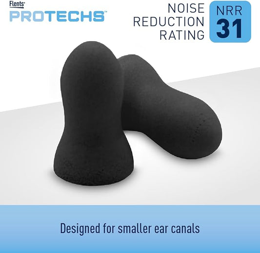 Flents Protechs Real Quiet Foam Ear Plugs for Small Ear Canals, Soft, Comfortable Hearing Protection for Sleep, Work, Travel & Loud Noise, NRR 31, Easy to Use, Black, 10 Pairs