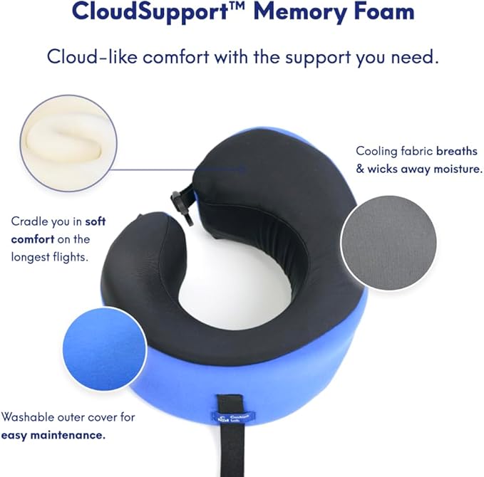 C CUSHION LAB Travel Pillow, Award-Winning Patented Ergonomic Design for Chin & Neck Support Memory Foam Neck Pillow, Compact Airplane Pillow for Traveling, Flight, Car (Cobalt Blue, Large)