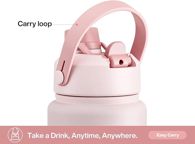 POWCAN 32 oz Insulated Water Bottle with 2-in-1 Straw and Spout Lid, Keep Cold 24H, Leak-Proof, BPA-Free, Double Wall Stainless Steel Water Bottle for Sports, Gym, Travel, and School (Cotton Candy)