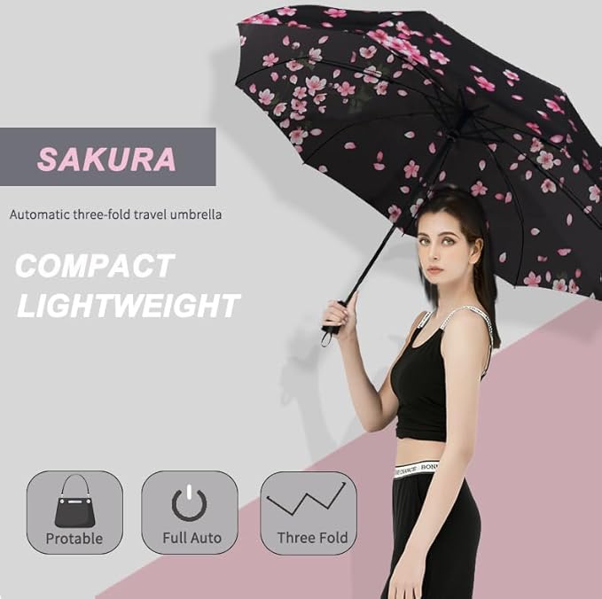 SIEPASA Sakura Windproof Travel Compact Umbrella - Automatic Umbrellas for Rain, Fiberglass Frame, Plastic Handle, Half Round Shape, Portable, Small, Lightweight, Ideal for Men and Women