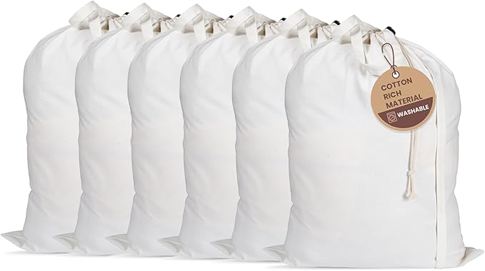 LFH Home Cotton Canvas Large Laundry Bag with Handle, Heavy Duty Drawstring Closure Washable Laundry Bags, School Travel, Home, Hotel, College Dorm, Organizer Sack, Toy Clothes 20x30 (Pack of 6)-White