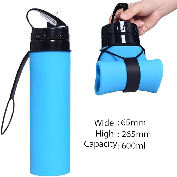 ZZT Collapsible Water Bottles 20oz, BPA Free,Sports Water Bottle,Foldable Travel Water Bottle with Straw Strap for Gym,Cycling, Hiking, Outdoors (Blue)