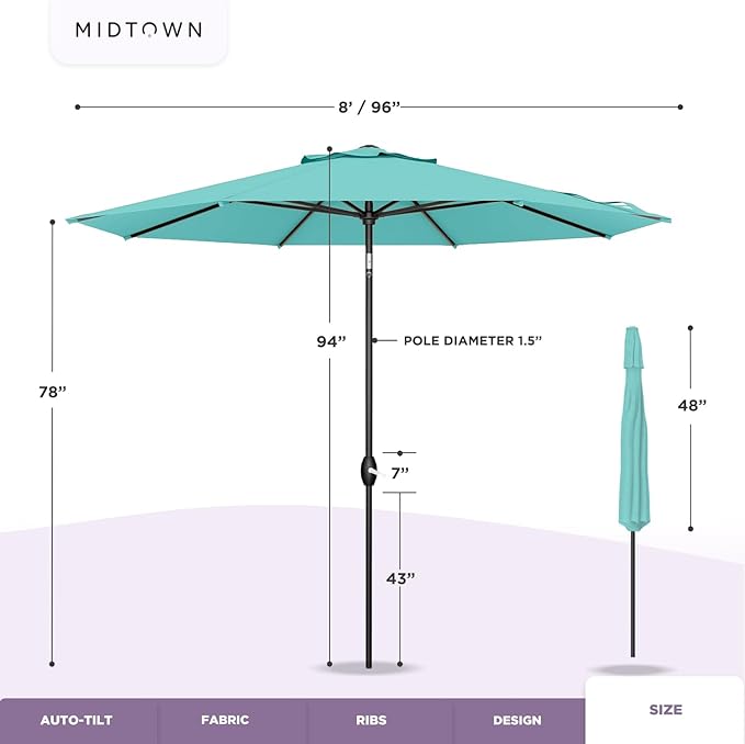 Midtown Umbrellas 10-Year-No-Fade - 8 Ft - UV Proof Cobalt (Blue) Polyester Fabric - Umbrella Outdoor Patio, Auto-Tilt Aluminum Frame Patio Umbrella for Garden, Pool & Deck - Black Pole