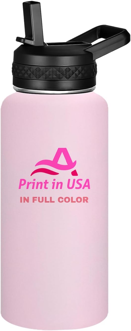 Personalized Custom Print in USA Water Bottle 32oz Stainless Steel Double Wall Coffee Cup with Lid & Straw Insulated Tumbler with Colorful Text Logo Photo