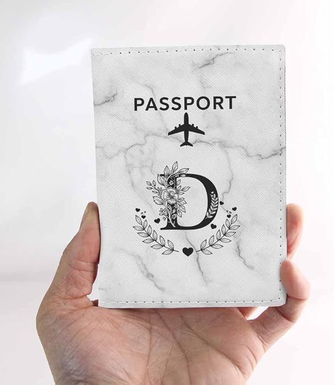 Flower D Passport Holder for Travel Marble Simple Style Black Gray PU Leather Passport Cover Wallet Cute Passport Card Holder for Women and Men