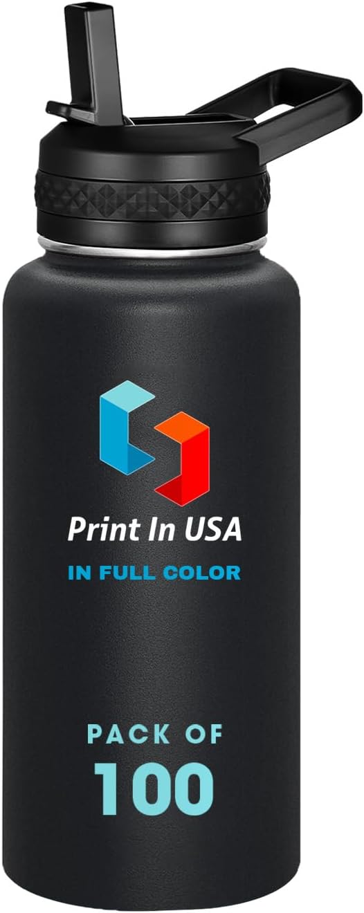 Personalized Custom Print in USA Water Bottle 100Pcs 32oz Stainless Steel Double Wall Coffee Cup with Lid & Straw Insulated Tumbler with Colorful Text Logo Photo