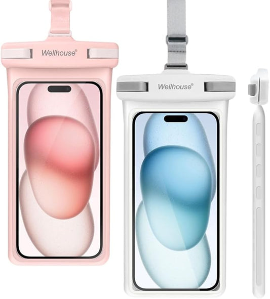 wellhouse Waterproof Phone Pouch, Waterproof Phone Case for iPhone 16 15 14 13 12 Pro Max XS Samsung, IPX8 3D Cellphone Dry Bag Beach Essentials (2 Pack -Pink & White7.0, 7 inch)
