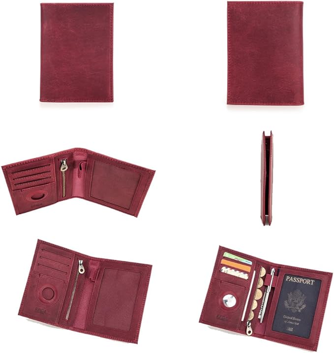 CONTACTS Full Grain Leather Airtag Passport Holder RFID Blocking Travel Passport Wallet Slim Passport Cover Case with 4 Cards Slots, Coin Pocket (Wine Red)