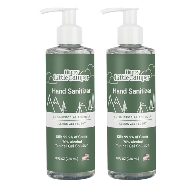 Happy Little Camper Hand Sanitizer with Lemon Zest Scent - Moisturizing Gel with Vitamin E & Antimicrobial Formula- Contains 70% Ethyl Alcohol - Travel Size, Made in USA - 2x 8oz bottles