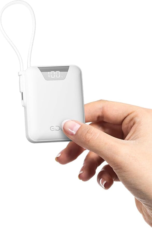 Mini Portable Charger, 10000mAh Ultra-Compact Power Bank, 22.5W PD Fast Charging, Tpye-C Built-in Cable, Small Size External Battery Pack for iPhone, Samsung, Android iPad (White)