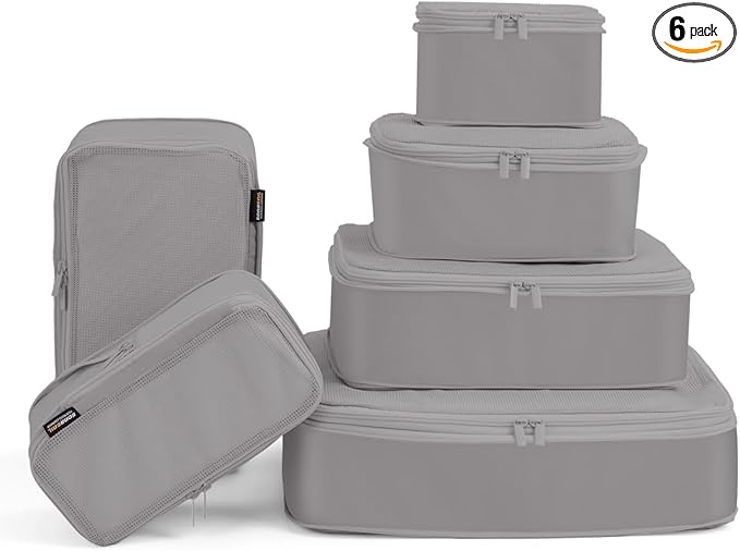 6 Set Compression Packing Cubes for Travel, Large Medium Small Luggage Organizers, Storage Bags for Clothes (6 Pack, Silver Gray)
