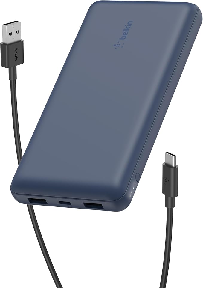 Belkin Portable Charger, USB C Power Bank 20000 mAh w/ 2 USB-A Ports, 15W w/ Type-A to Type-C Cable - iPhone 17, Air, Pro, Pro Max, AirPods, Samsung Galaxy S25, S24, Google Pixel 10, iPad, etc. - Blue