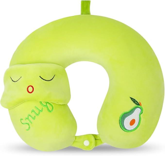 Kids Neck Pillow for Travel with Sleep Eye Mask, Cute Travel Neck Pillow, Memory Foam Flight Sleeping Headrest Pillow for Boys & Girls, Airplane, Train, Car, Home Use - Little Avocado
