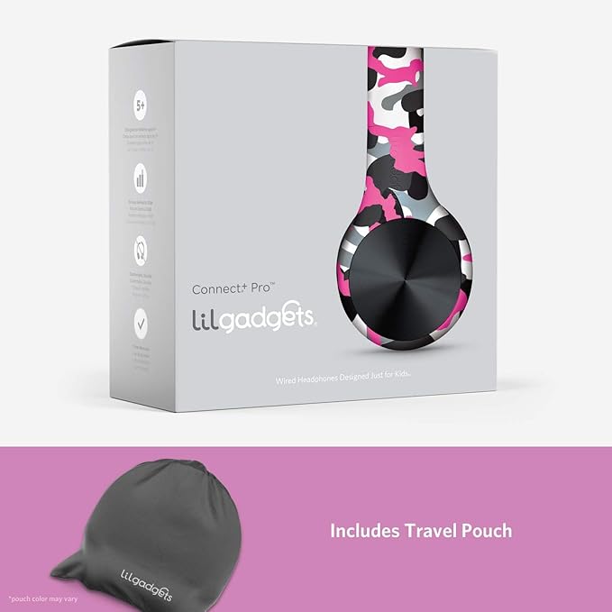LilGadgets Connect+ Pro Wired Kids Headphones for School with Microphone, Volume Limiting Over-Ear Headset with Cord, SharePort Technology & SoftTouch Padding, Pink Camo
