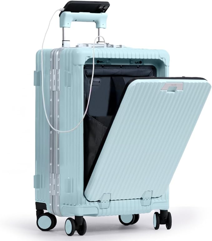 Nobl Travel Carry On Luggage, Noble Zipperless Aluminum Frame PC Hard Shell Suitcase, 22.5x15x9.5 Airline Approved, 360° Spinner Wheels, TSA Locks, USB Charging Port, Cup & Phone Holder - Baby Blue