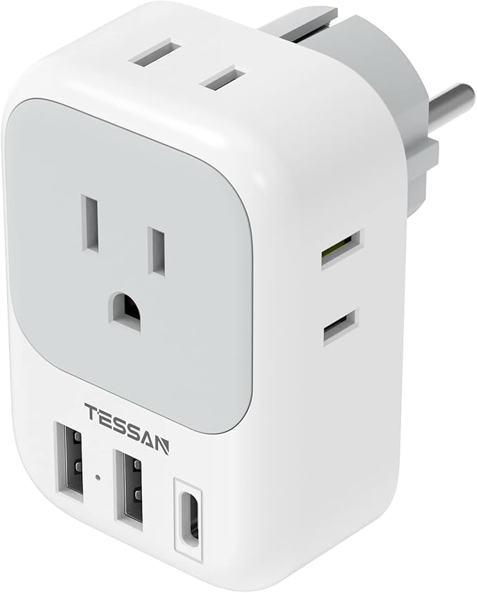 TESSAN Type E F Plug Adapter, Germany France Power Adapter with 3 USB Ports(1 USB C), 4 AC Outlets Travel Adaptor for US to Europe EU Spain Iceland Korea Greece Russia German French
