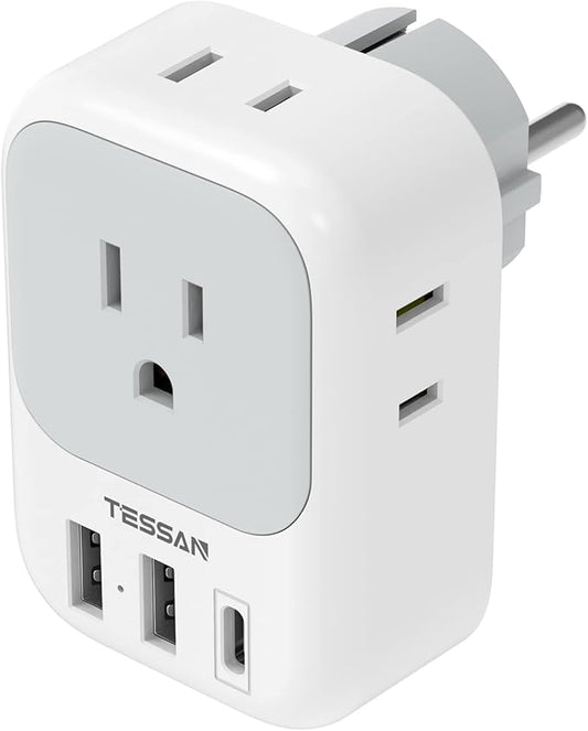 TESSAN Type E F Plug Adapter, Germany France Power Adapter with 3 USB Ports(1 USB C), 4 AC Outlets Travel Adaptor for US to Europe EU Spain Iceland Korea Greece Russia German French