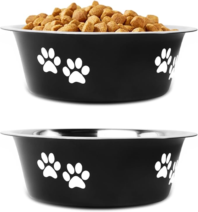 YUDANSI Dog Bowls 2 Pack Small Medium Dogs Feeding Food Water Bowl with Non-Slip Silicone Sole, Stainless Steel Dog Dishes Elevated Raised Pet Feeder(Black, L(6.6 Cups)