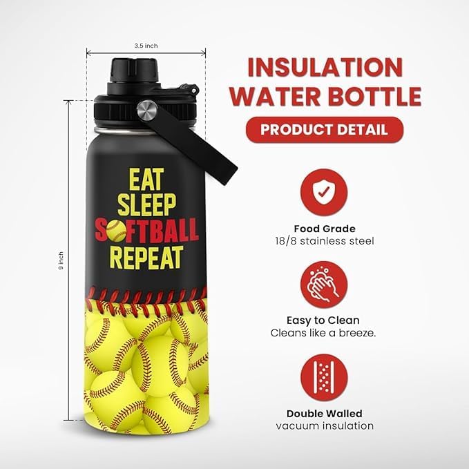 Softball Gift Water Bottle - 32oz Insulated Stainless Steel Sport Bottle