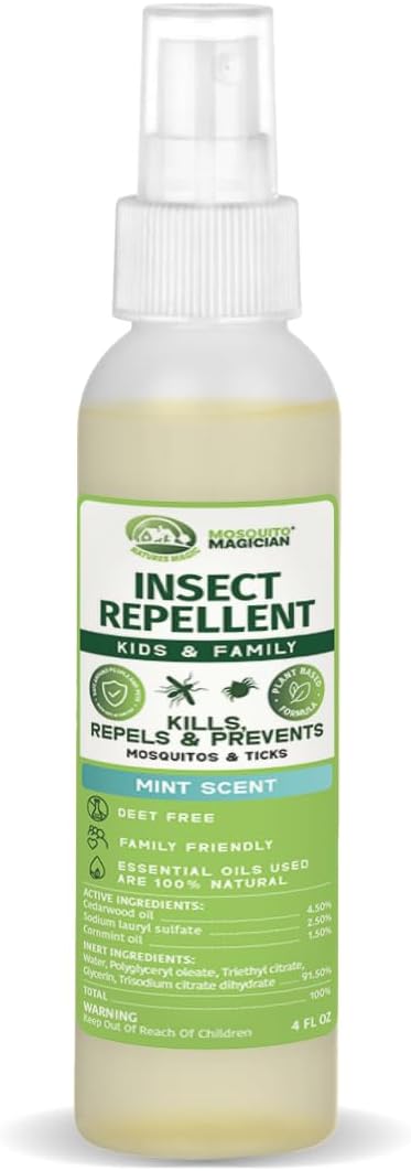 Mosquito Magician Natural Bug Spray for Body – Kid Safe Mosquito Repellent with Natural Essential Oils, Kills, Repels, & Prevent Travel Size Bug Spray for Kids & Family – Mint, 4 OZ