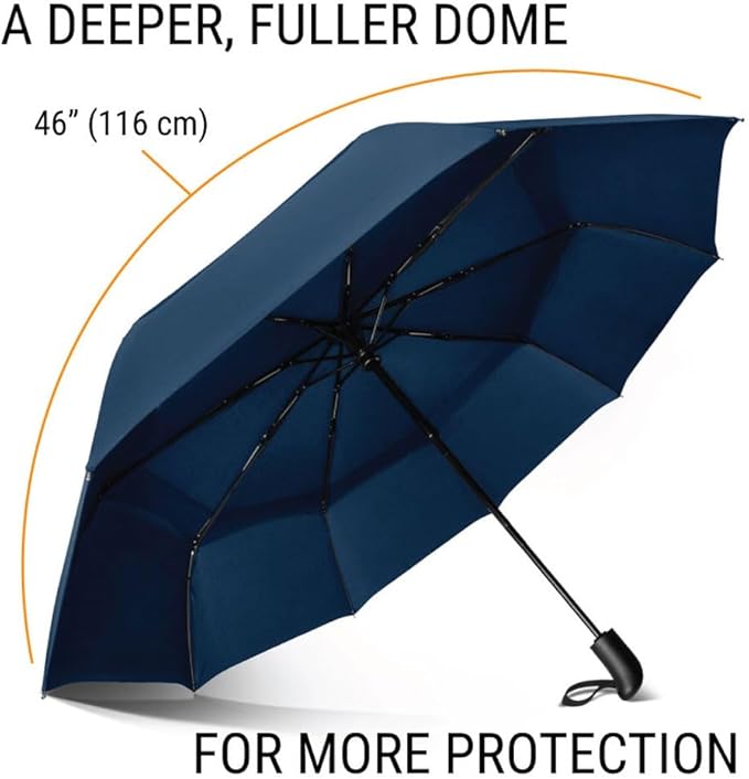 Vented Travel Umbrella | Strong Compact Windproof Umbrella | Top Pick by Wirecutter 2025 | Deep Dome Coverage | Auto Open/Close | Portable Pop Up with Large Coverage | Fits Car & Backpack
