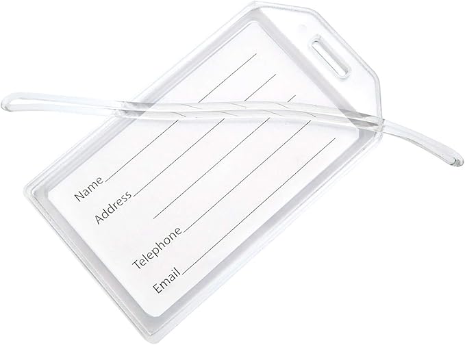 5 Pack - Premium Rigid Airline Luggage Tag Holders with 6" Worm Loops - Heavy Duty Hard Plastic -Suitcase ID Tag Identifiers with Business Card Insert Window by Specialist ID (Translucent/Clear)