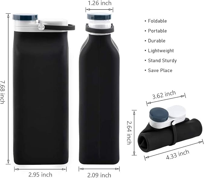 E-Senior Collapsible Water Bottle BPA Free - 20 oz Foldable Water Bottle for Travel Sports Bottles with Triple Leak Proof Lightweight (Black)