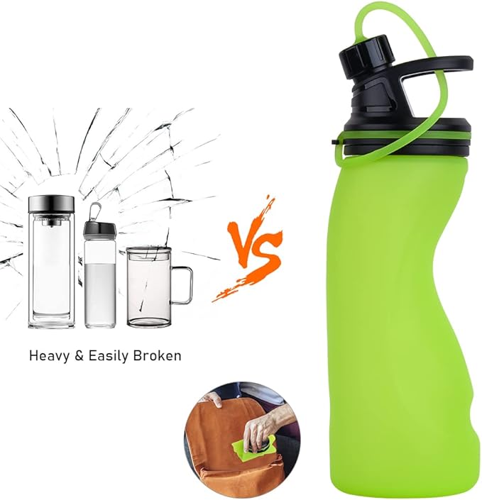E-Senior Collapsible Water Bottle BPA Free - Foldable Water Bottle for Travel Sports Bottles with Triple Leak Proof Lightweight 17oz (Upgraded Vibrant Green)