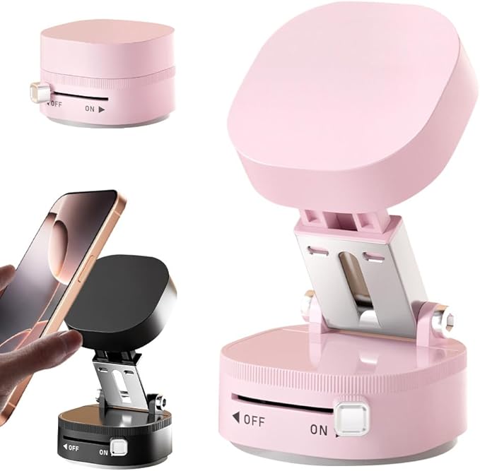 Vacuum Magnetic Suction Phone Holder, 2026 New Vacuum Magnetic Phone Holder, Adjustable Suction Phone Mount, Portable Universal Collapsible Magnetic Phone Stand Car Mount for Smartphones (Pink)