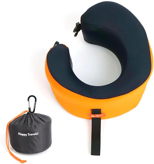C CUSHION LAB Travel Pillow, Award-Winning Patented Ergonomic Design for Chin & Neck Support Memory Foam Neck Pillow, Compact Airplane Pillow for Traveling, Flight, Car (Dynamic Orange, Large)