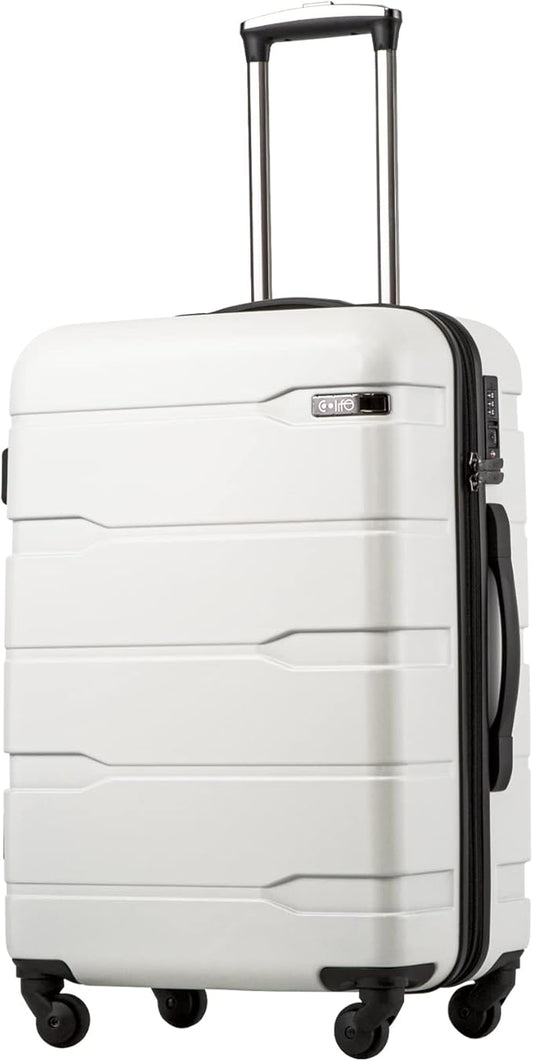 Coolife Luggage PC+ABS Hardshell Suitcase with TSA Lock, Spinner Checked Lightweight (White, 24in)