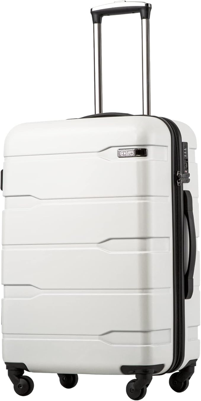Coolife Luggage PC+ABS Expandable Hardshell Suitcase with TSA Lock, Spinner Checked Lightweight (White, 28in)