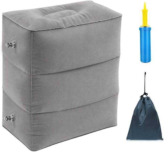 ZIQIAN Inflatable Travel Foot Rest Pillow Portable Adjustable Three Layers Height Foot Stool for Airplanes, Cars, Home, Trains, Office to Lay Down or Sleep on Long Flights with Pump（Gray 1PACK