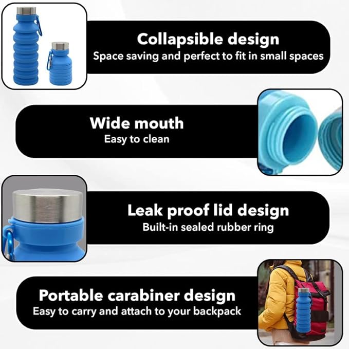 Collapsible Water Bottle (Blue) - Reusable, BPA Free, Silicone, Foldable Portable & Leak Proof - Water Bottles for Travel Gym Camping Hiking - Sports Water Bottle with Carabiner
