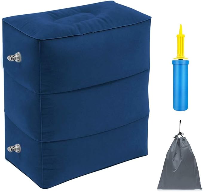 ZIQIAN Inflatable Travel Foot Rest Pillow Portable Adjustable Three Layers Height Foot Stool for Airplanes, Cars, Home, Trains, Office to Lay Down or Sleep on Long Flights with Pump（Blue 1PACK）