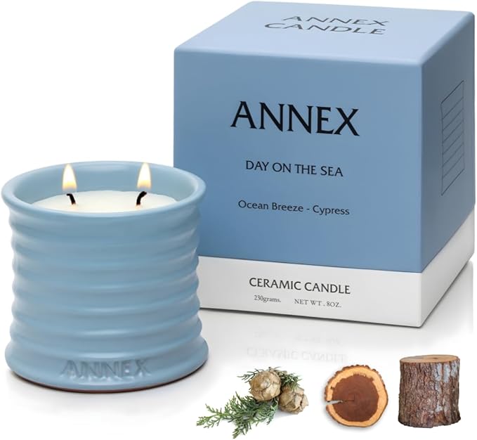 Scented Luxury Candles in Handmade Ceramic Jars, Soy Wax | Day On The Sea – Cypress & Cedar, Large Candle | Non Toxic, 2 Wicks, Reusable Big Blue Jar | Natural Spring Aromatherapy for Women & Men