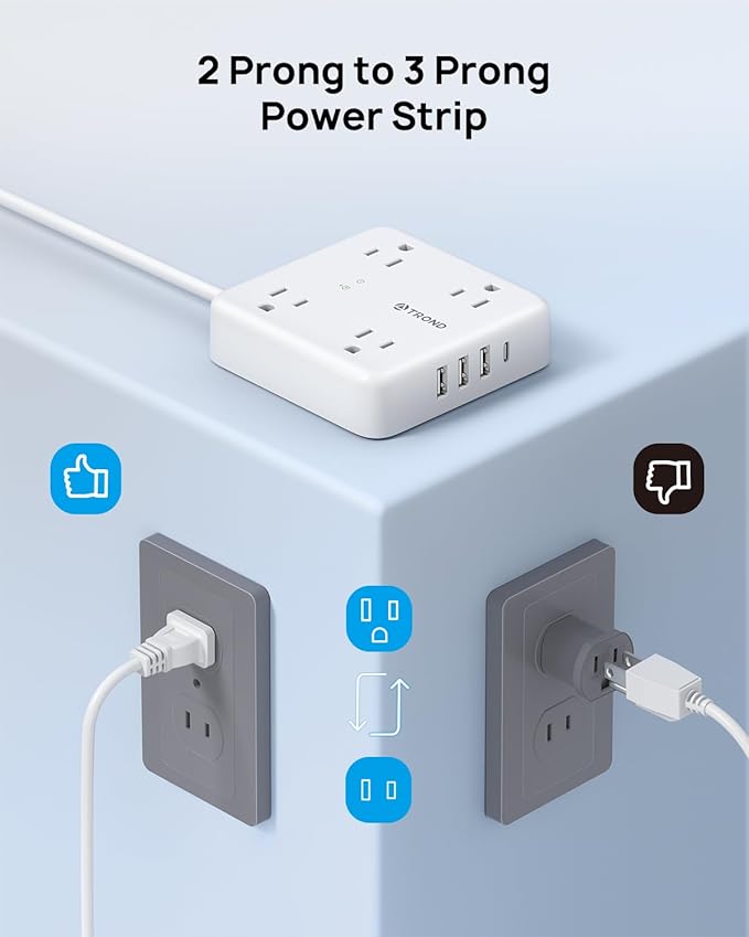 TROND 2 Prong Power Strip: 1440J Surge Protector, 5ft Extension Cord with Multiple AC Outlets & USB Ports, Wall Mount Adapter for Non-Grounded Plug, White
