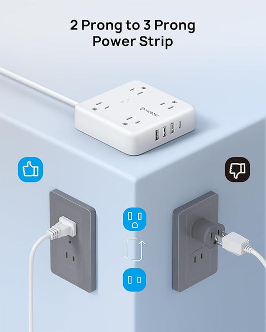 TROND 2 Prong Power Strip: 1440J Surge Protector, 5ft Extension Cord with Multiple AC Outlets & USB Ports, Wall Mount Adapter for Non-Grounded Plug, White