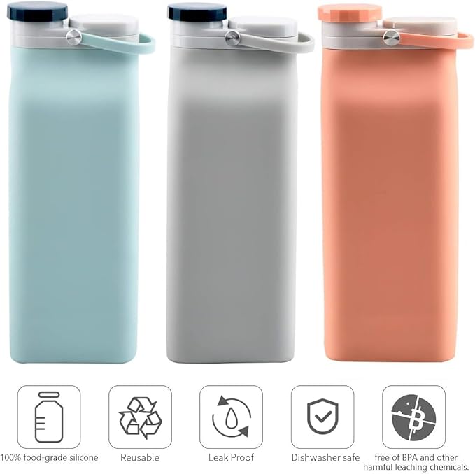 E-Senior Collapsible Water Bottle BPA Free - 20 oz Foldable Water Bottle for Travel Sports Bottles with Triple Leak Proof Lightweight (Orange)