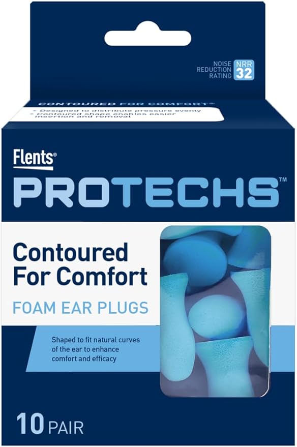 Flents Protechs Contoured for Comfort Foam Ear Plugs, Soft & Comfortable Hearing Protection for Work, Construction, Heavy Machinery, Studying, Travel & Sleep, NRR 32, Easy to Use, Blue, 10 Pairs