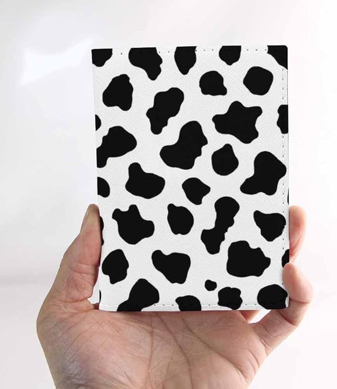 Cow Print Passport Holder for Travel Black and White Spot PU Leather Passport Cover Wallet Cute Passport Card Holder for Women and Men