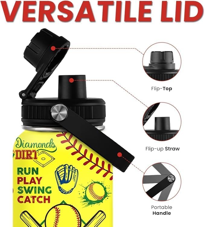Softball Gift Water Bottle With Lid, 32oz Insulated Stainless Steel Sport Bottles - Gift for Softball Players Fan Coach