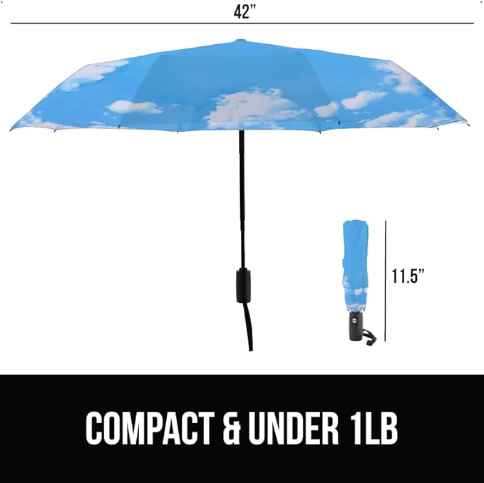 GORILLA GRIP Strong Windproof Stick Compact Umbrella for Rain, One-Click Automatic Open and Close, Durable Quick Dry Waterproof Material, Lightweight and Portable, Travel Size Fits Backpack, Sky Blue